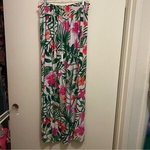 West Loop Womens Palazzo Wide Leg Pants XL Tropical Floral Print Pink Green